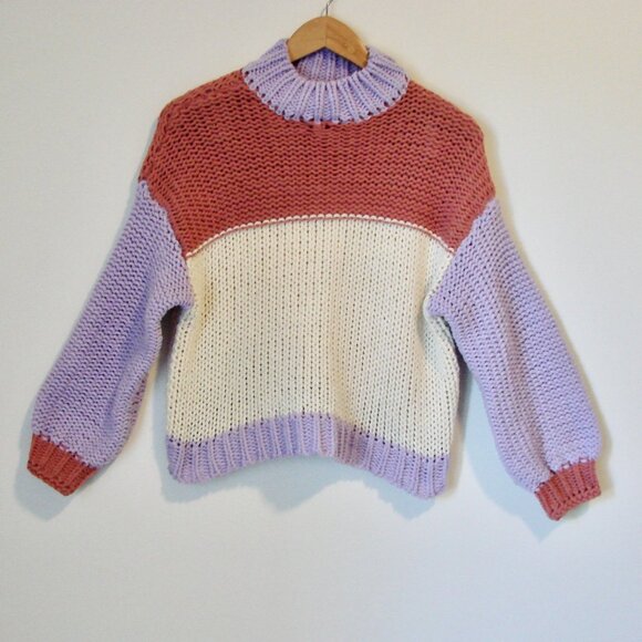 Dreams Chunky Knit Sweater Colourblock Purple Pink Cream Mock Neck Size Small - Picture 1 of 12